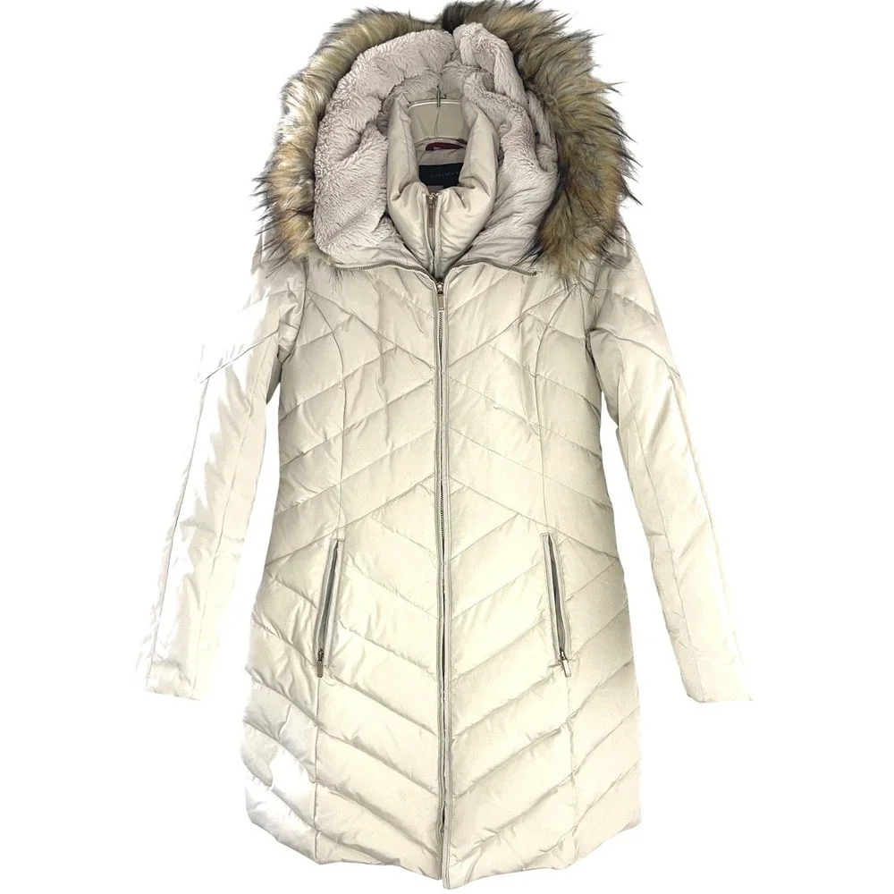 Jones New York Women's Cream Quilted‎ Faux Fur Hood Puffer Coat Size S